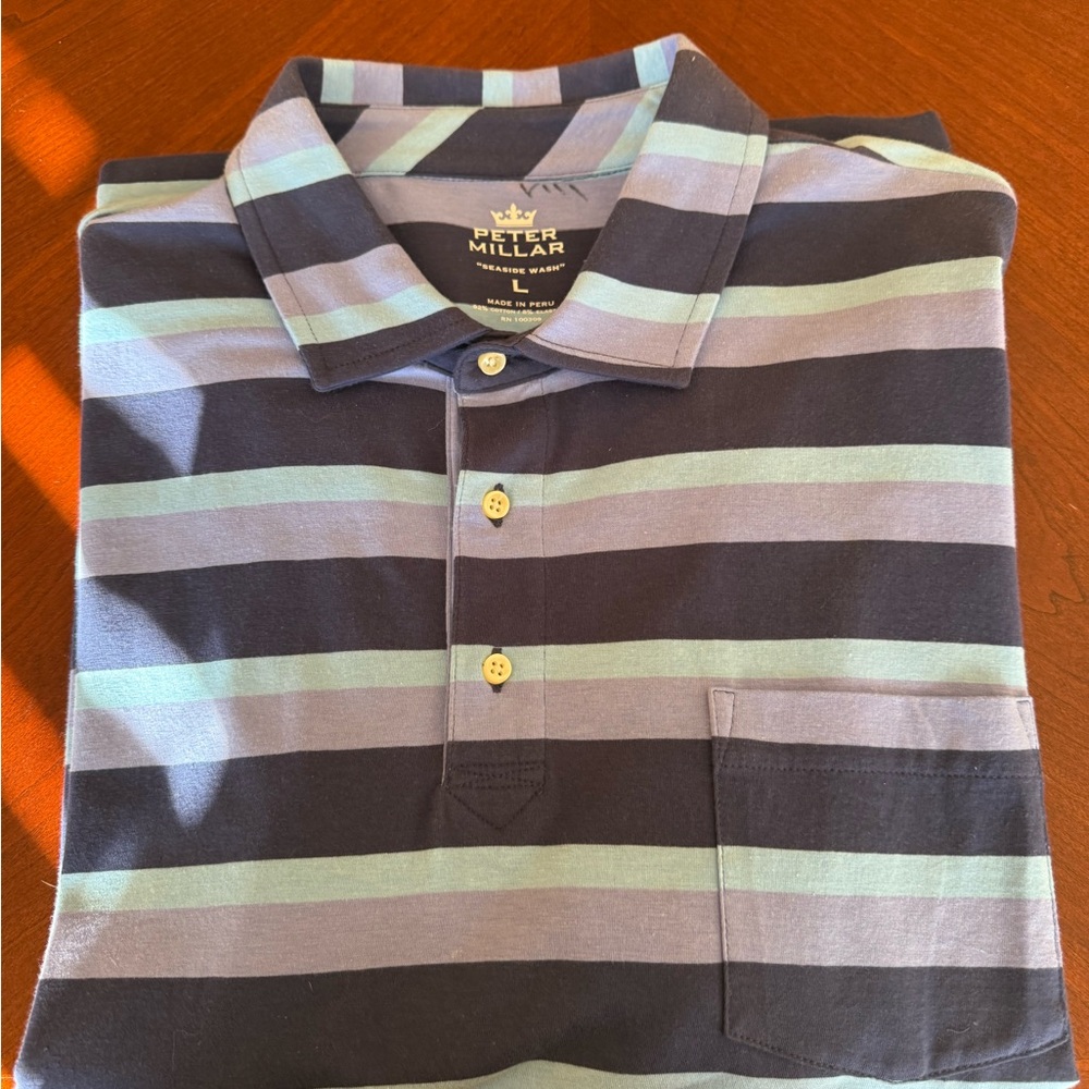 Peter Millar Seaside Wash Navy, Light Blue, & Lavender Striped Polo Men's Size L